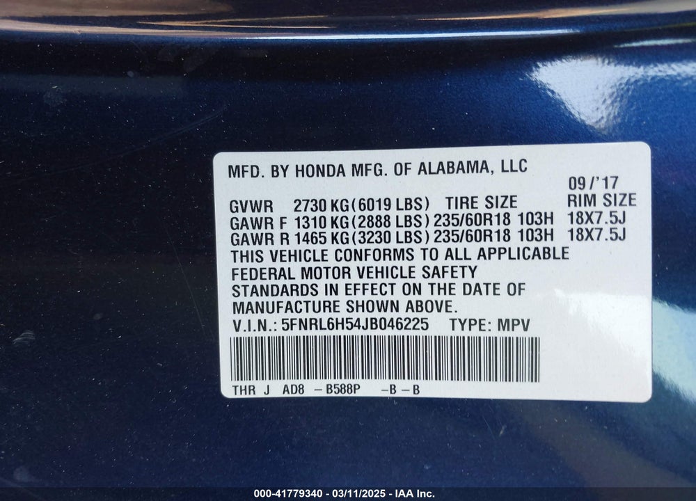 2018 HONDA ODYSSEY EX VIN: 5FNRL6H54JB046225
