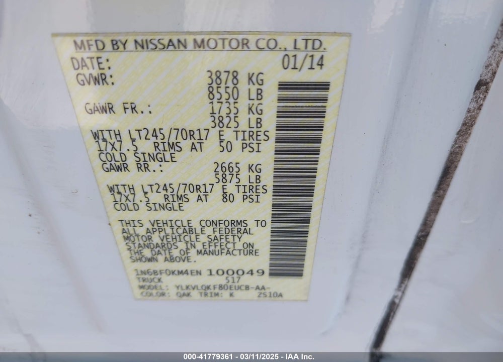 2014 NISSAN NV CARGO NV1500 VIN: 1N6BF0KM4EN100049