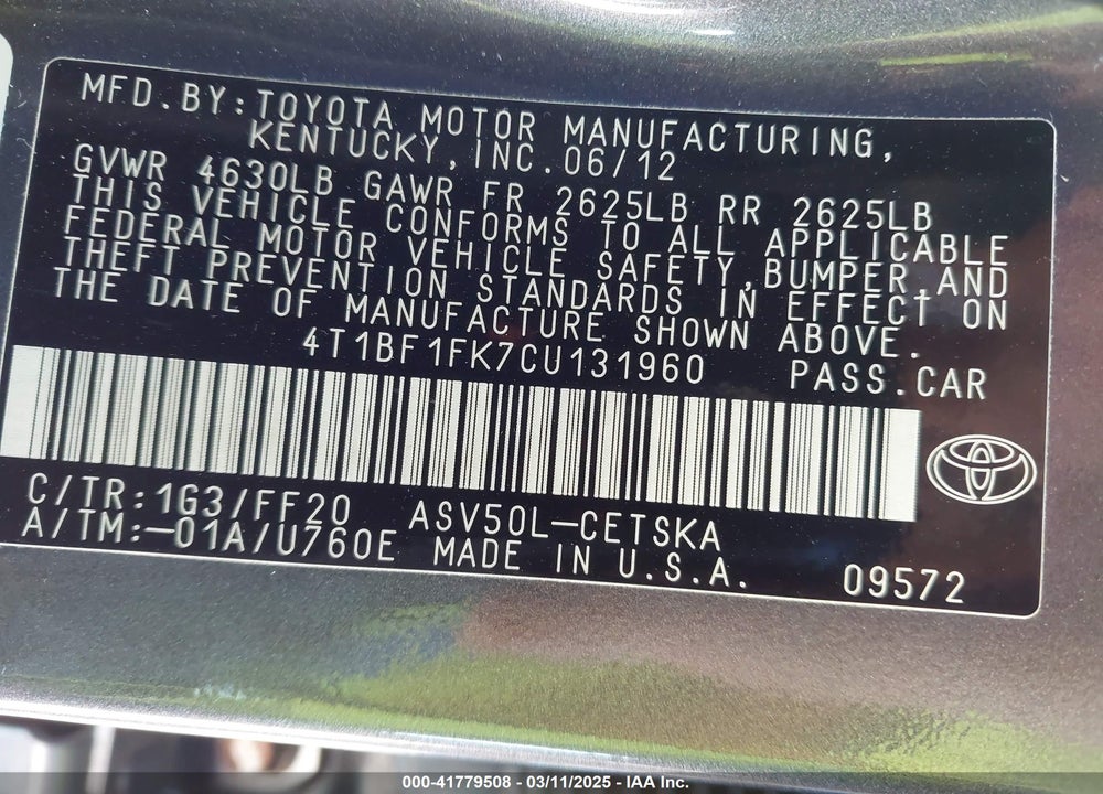 2012 TOYOTA CAMRY VIN: 4T1BF1FK7CU131960