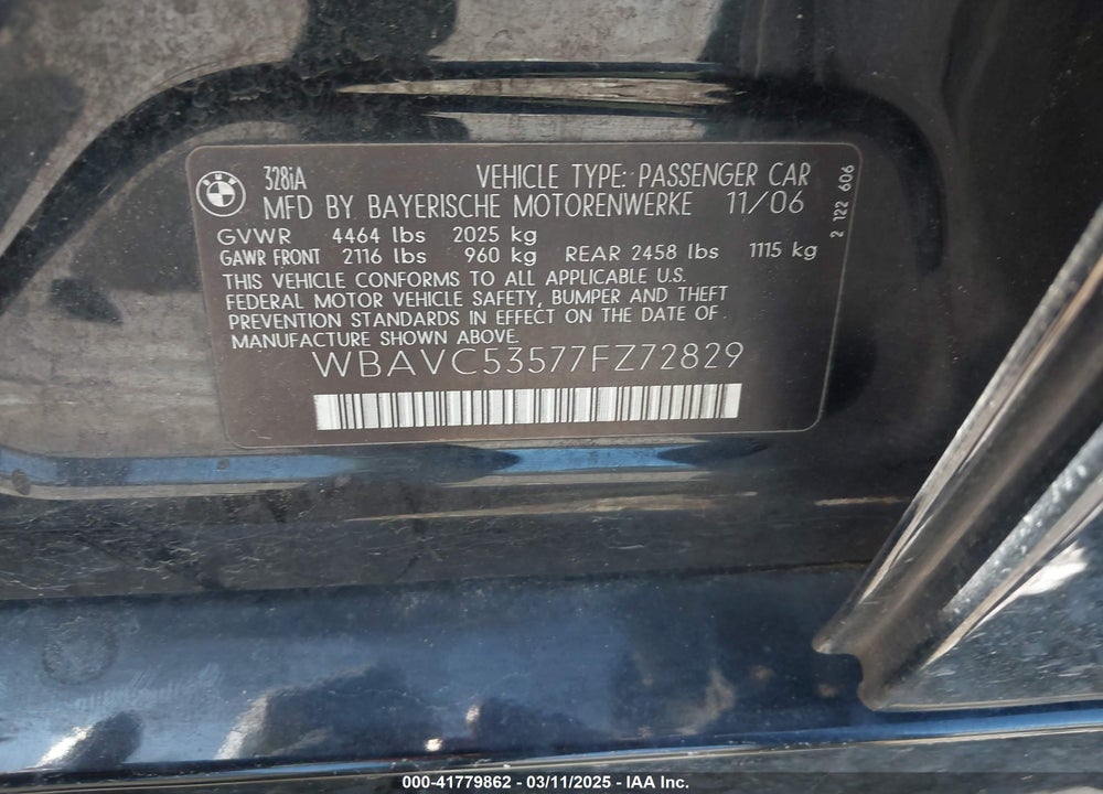 2007 BMW 328I VIN: WBAVC53577FZ72829