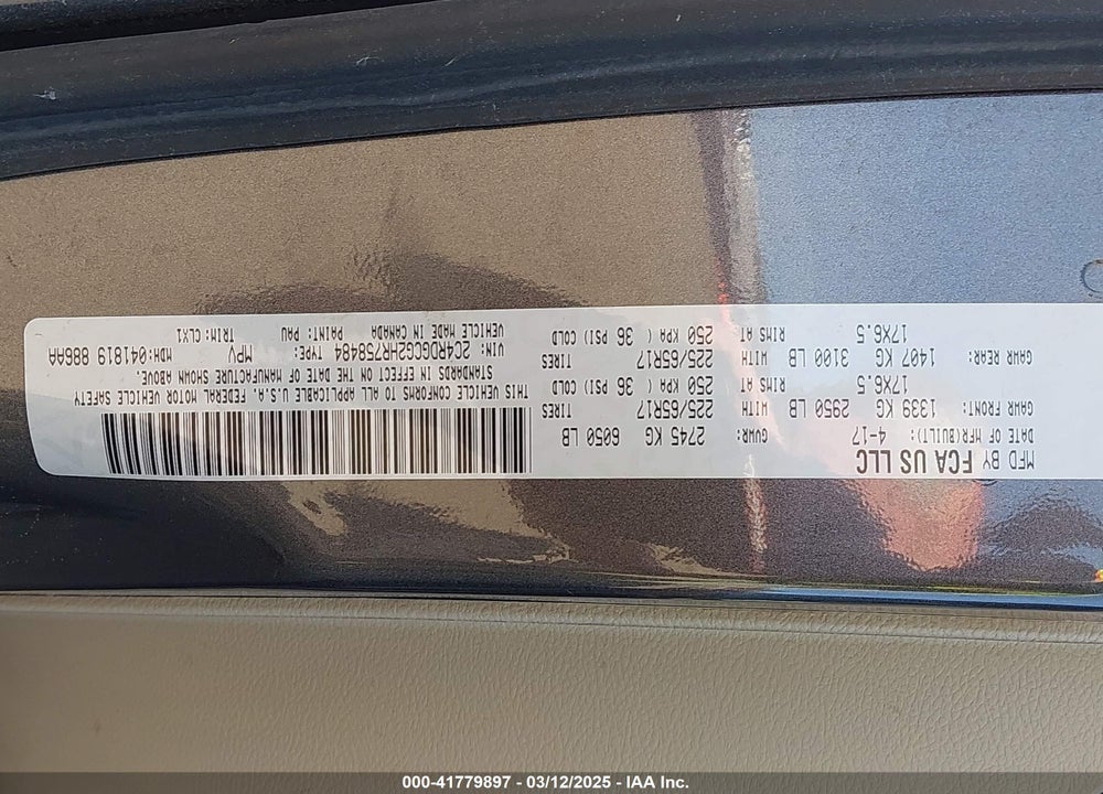 2017 DODGE GRAND CARAVAN VIN: 2C4RDGCG2HR758484