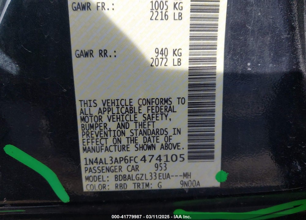 2015 NISSAN ALTIMA VIN: 1N4AL3AP6FC474105