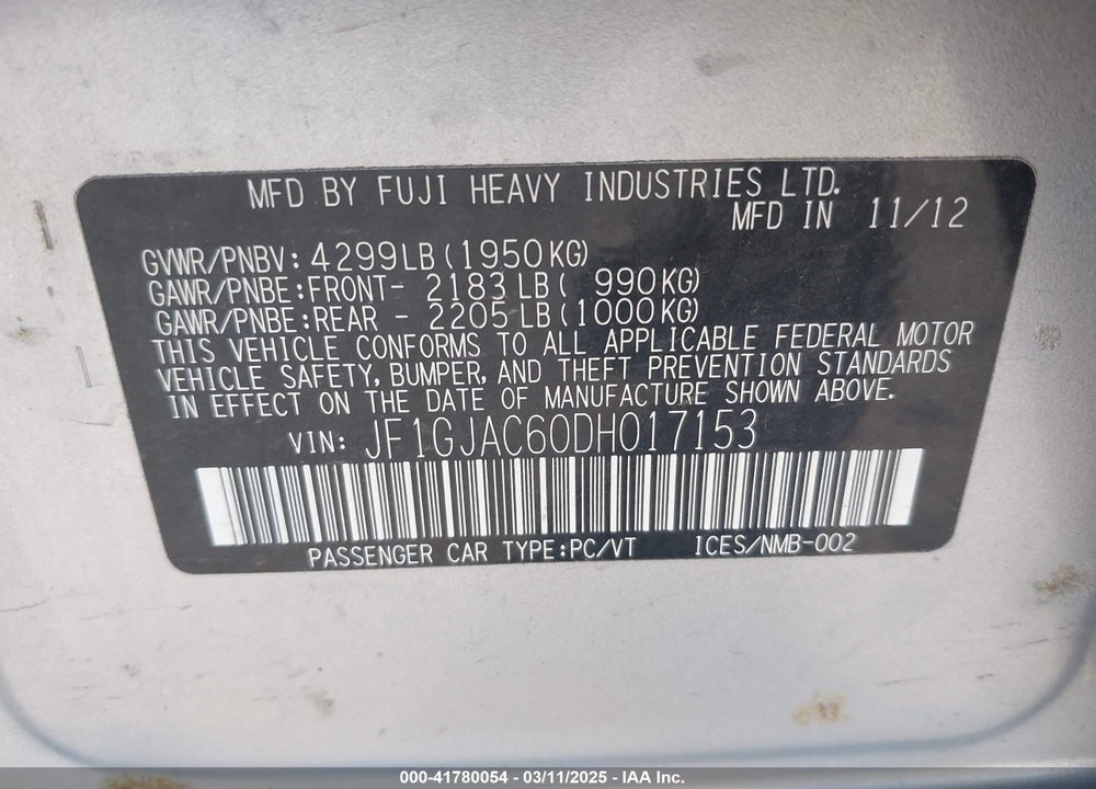 2013 SUBARU IMPREZA VIN: JF1GJAC60DH017153