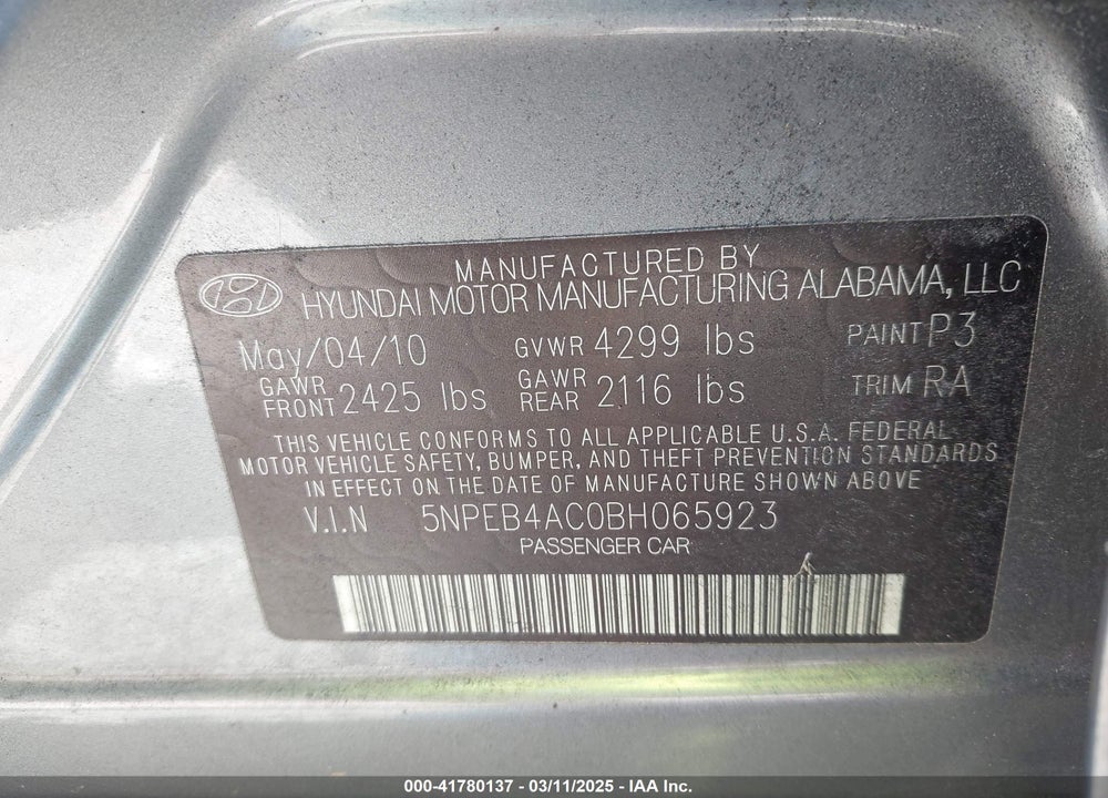 2011 HYUNDAI SONATA VIN: 5NPEB4AC0BH065923