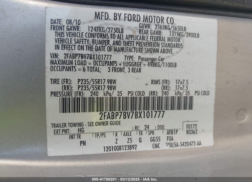 2011 FORD CROWN VICTORIA VIN: 2FABP7BV7BX101777