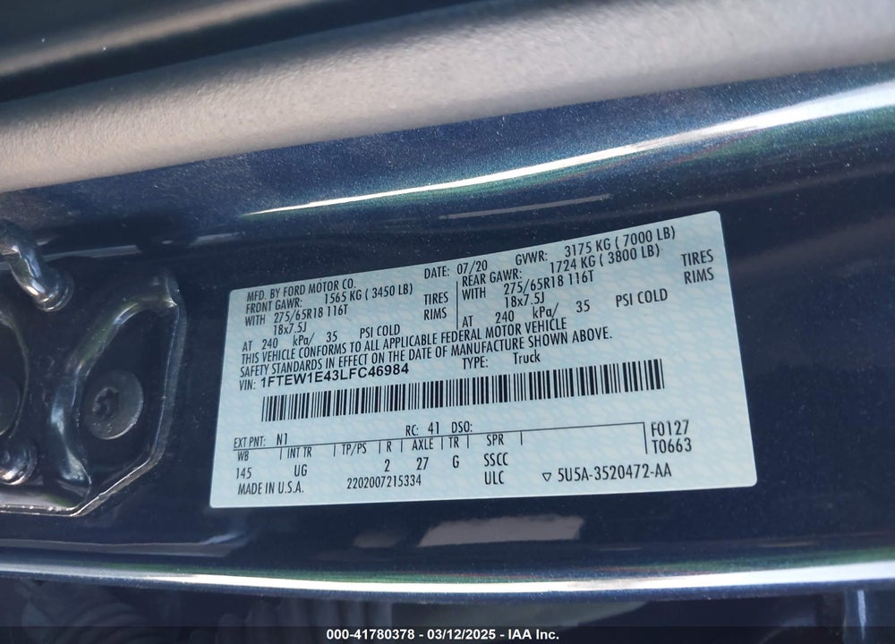 2020 FORD F-150 XLT VIN: 1FTEW1E43LFC46984