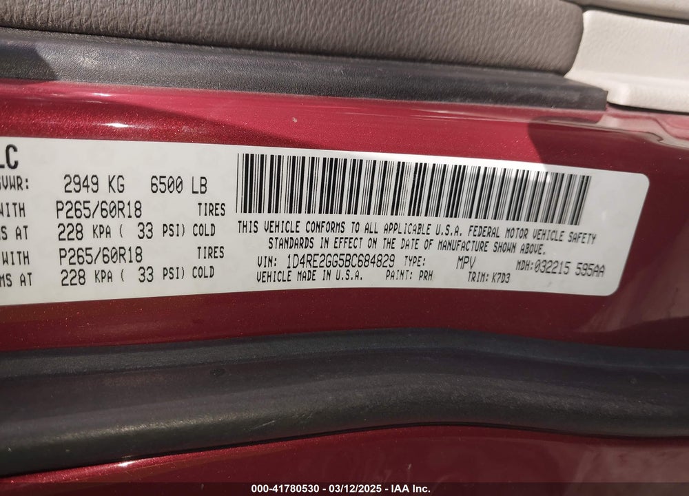 2011 DODGE DURANGO VIN: 1D4RE2GG5BC684829