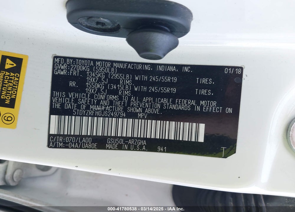 2018 TOYOTA HIGHLANDER VIN: 5TDYZRFH0JS249794