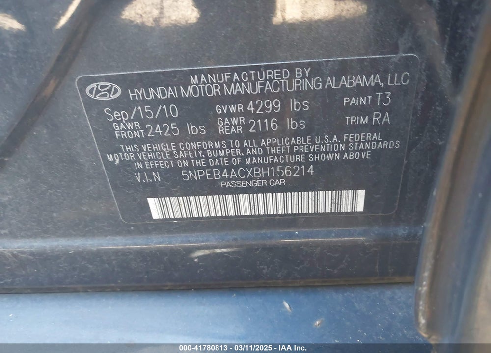 2011 HYUNDAI SONATA VIN: 5NPEB4ACXBH156214