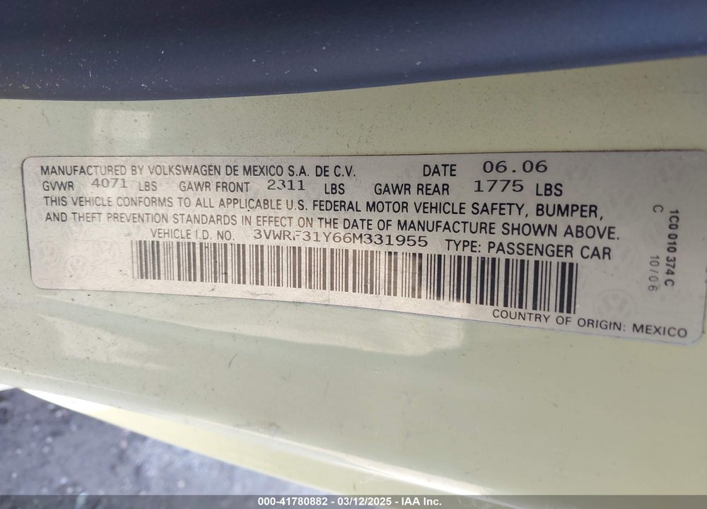 2006 VOLKSWAGEN NEW BEETLE VIN: 3VWRF31Y66M331955