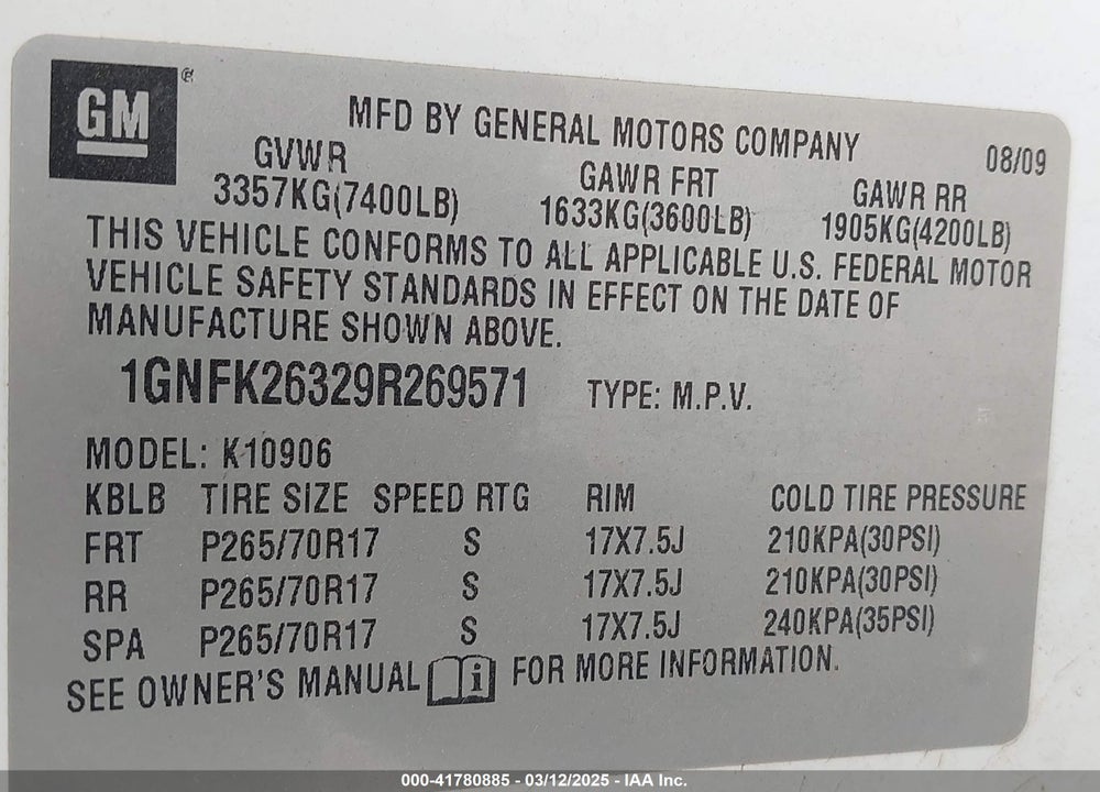 2009 CHEVROLET SUBURBAN 1500 VIN: 1GNFK26329R269571