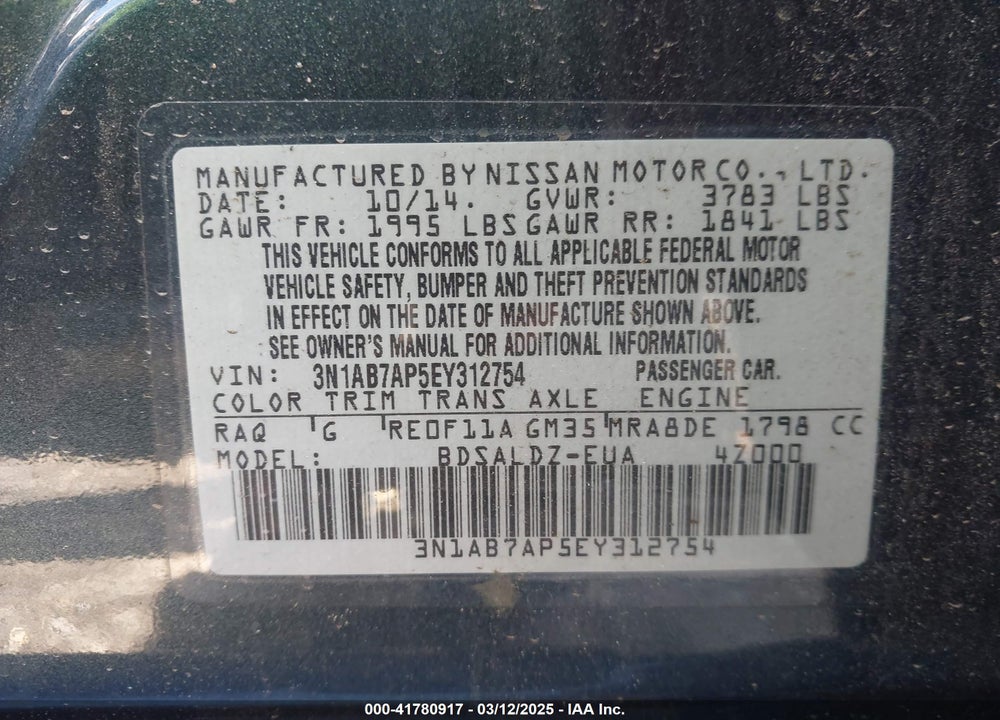 2014 NISSAN SENTRA VIN: 3N1AB7AP5EY312754