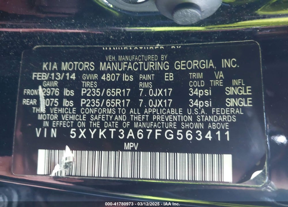 2015 KIA SORENTO VIN: 5XYKT3A67FG563411
