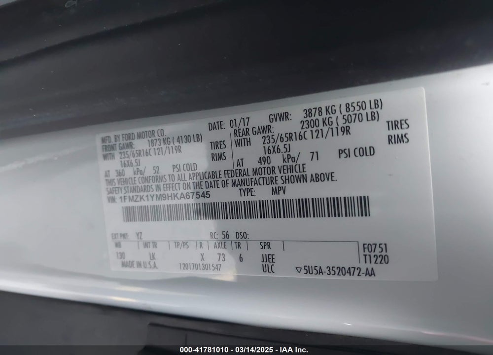 2017 FORD TRANSIT-150 XLT VIN: 1FMZK1YM9HKA67545