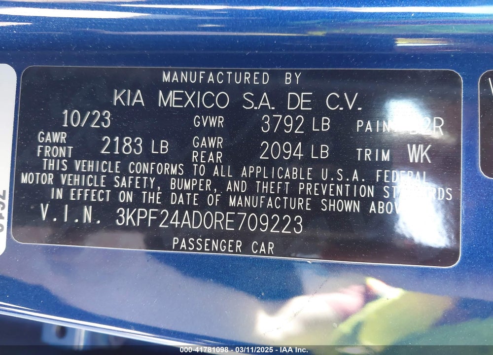 2024 KIA FORTE VIN: 3KPF24AD0RE709223