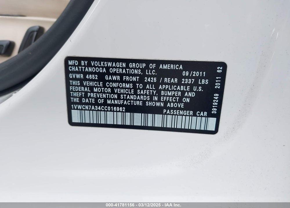 2012 VOLKSWAGEN PASSAT 2.0L TDI SEL PREMIUM VIN: 1VWCN7A34CC016962