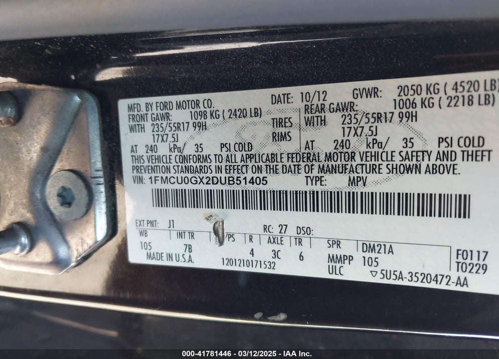 2013 FORD ESCAPE VIN: 1FMCU0GX2DUB51405