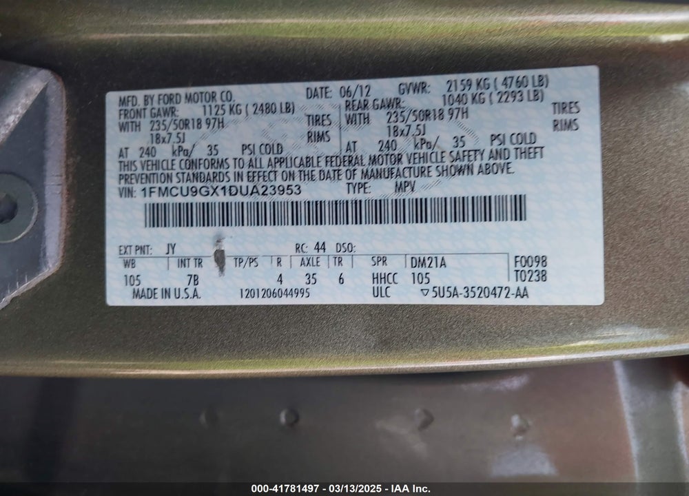 2013 FORD ESCAPE VIN: 1FMCU9GX1DUA23953