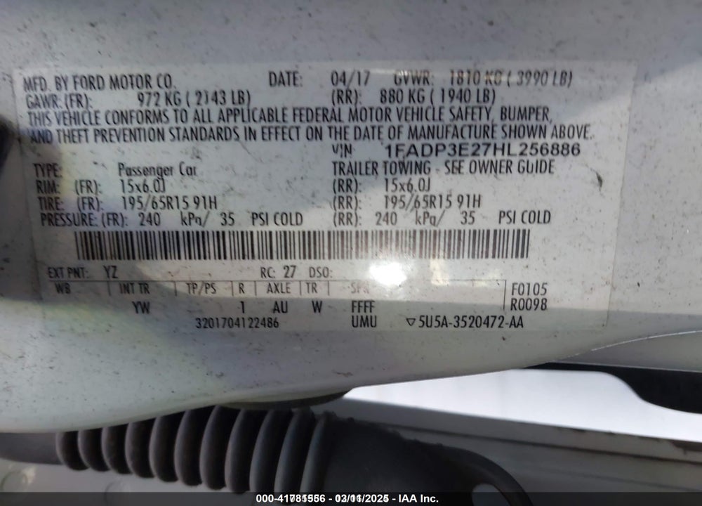 2017 FORD FOCUS VIN: 1FADP3E27HL256886