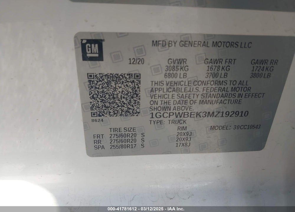 2021 CHEVROLET SILVERADO 1500 VIN: 1GCPWBEK3MZ192910