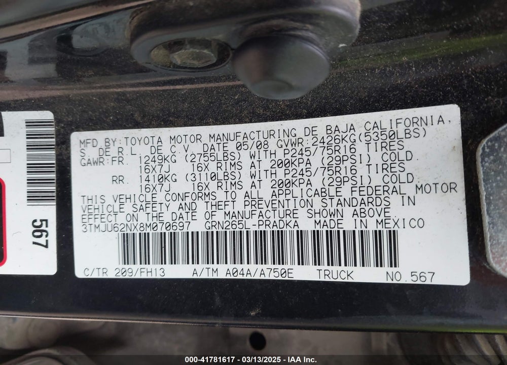 2008 TOYOTA TACOMA VIN: 3TMJU62NX8M070697