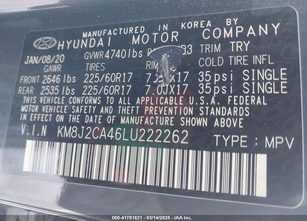2020 HYUNDAI TUCSON VIN: KM8J2CA46LU222262