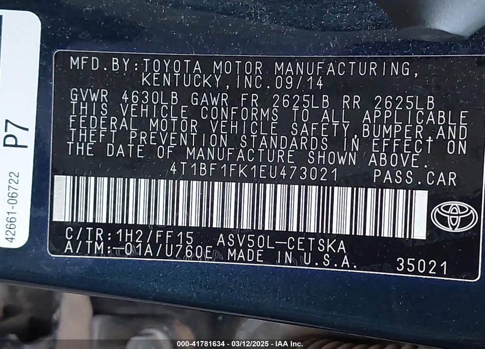2014 TOYOTA CAMRY VIN: 4T1BF1FK1EU473021