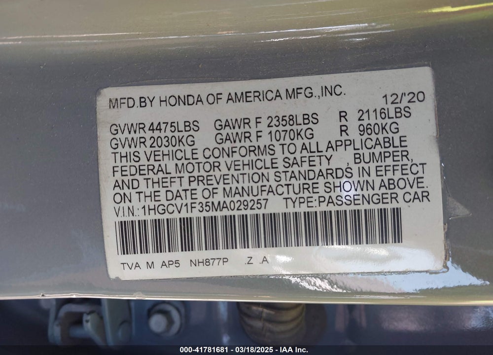 2021 HONDA ACCORD SPORT VIN: 1HGCV1F35MA029257
