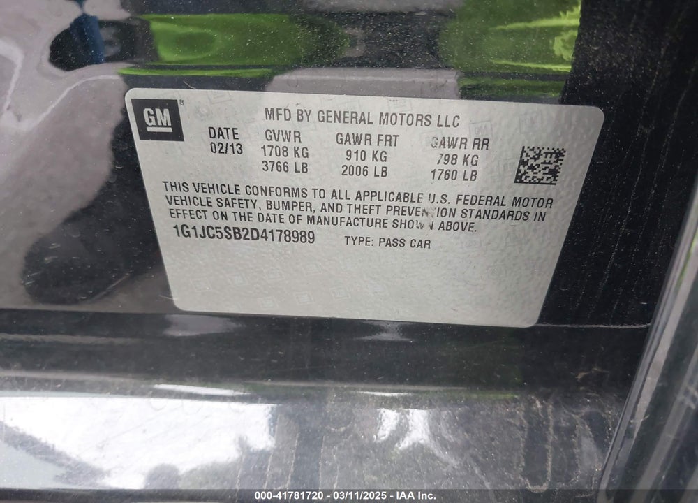 2013 CHEVROLET SONIC VIN: 1G1JC5SB2D4178989