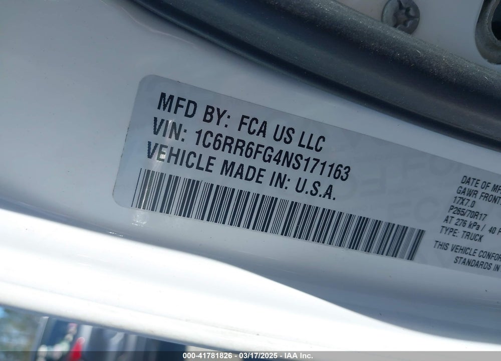 2022 RAM 1500 CLASSIC VIN: 1C6RR6FG4NS171163