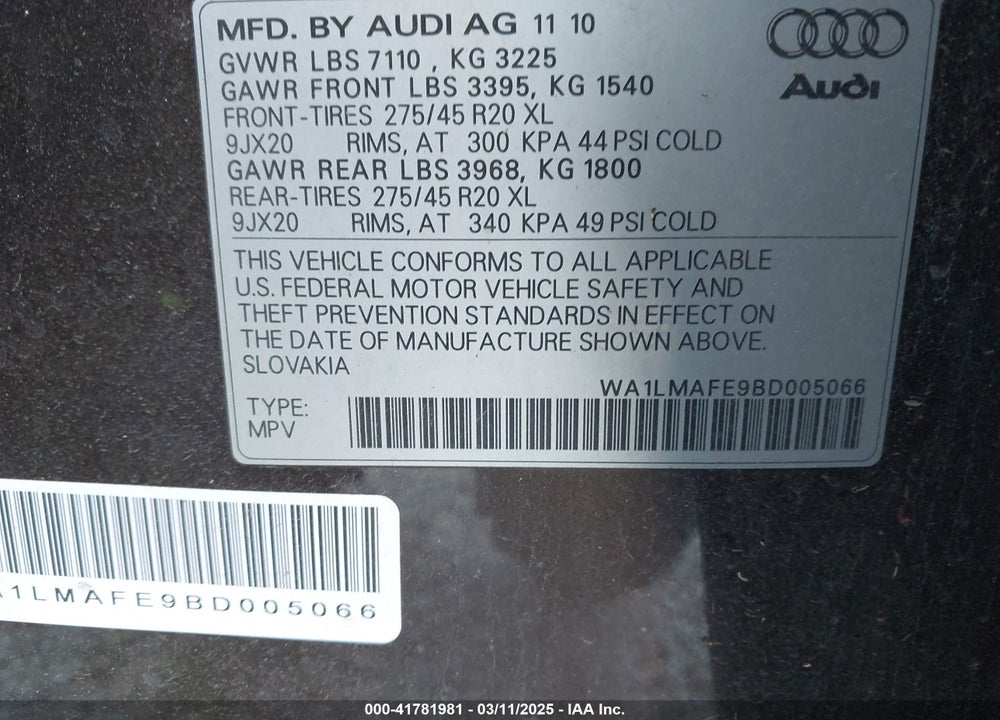 2011 AUDI Q7 VIN: WA1LMAFE9BD005066