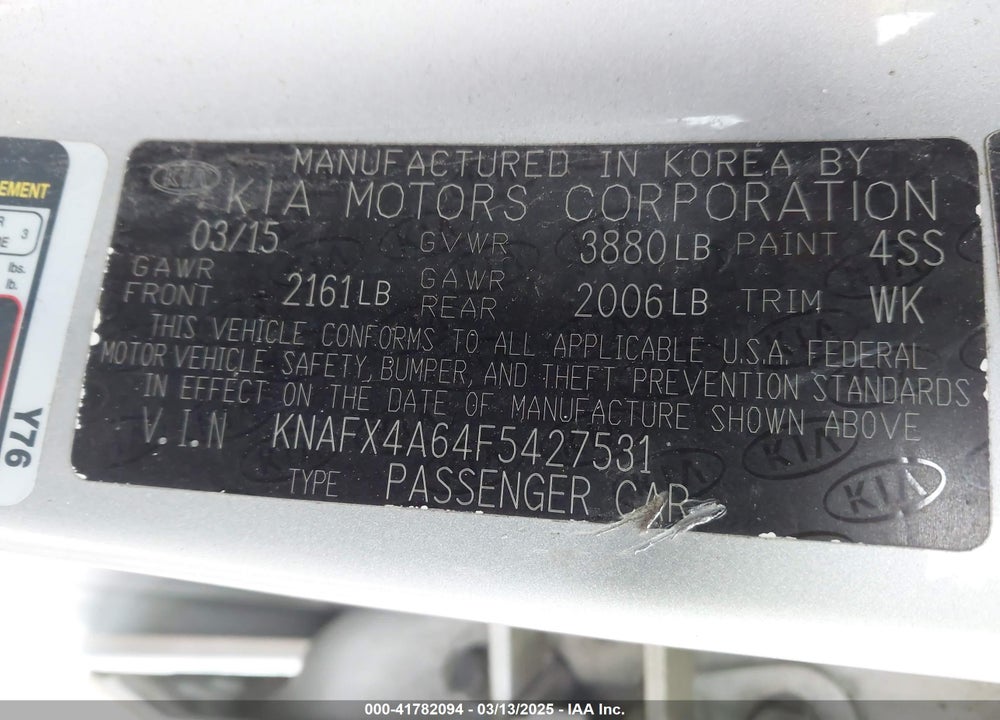 2015 KIA FORTE LX VIN: KNAFX4A64F5427531