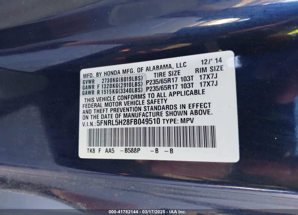 2015 HONDA ODYSSEY LX VIN: 5FNRL5H28FB049510