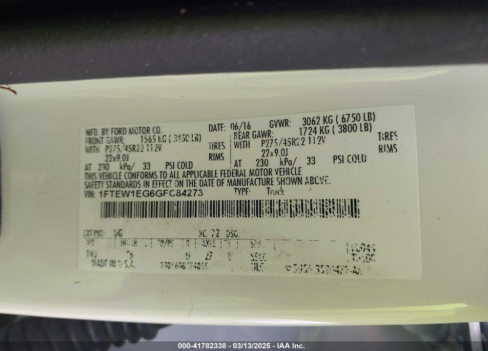 2016 FORD F150 VIN: 1FTEW1EG6GFC84273