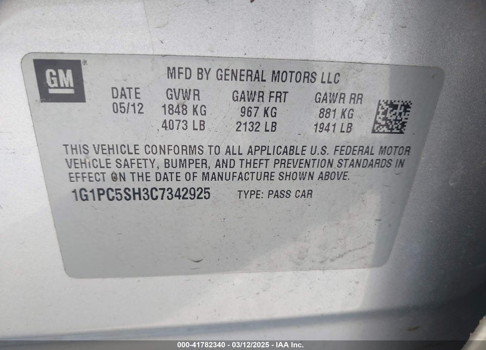 2012 CHEVROLET CRUZE VIN: 1G1PC5SH3C7342925