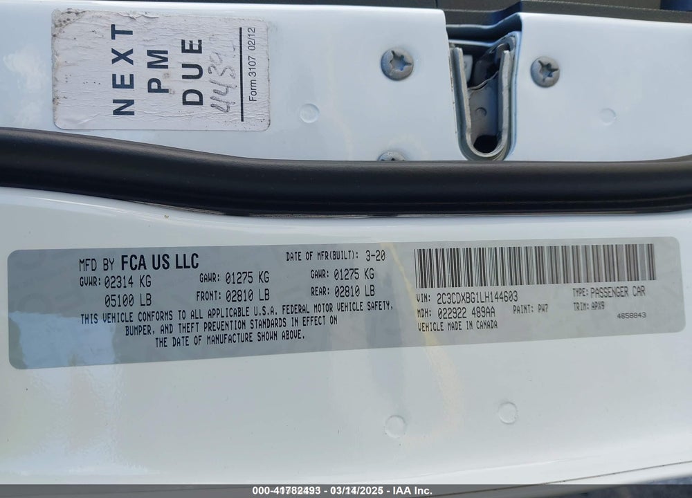 2020 DODGE CHARGER SXT RWD VIN: 2C3CDXBG1LH144603