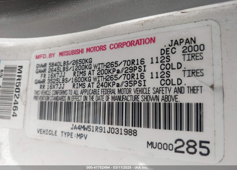 2001 MITSUBISHI MONTERO VIN: JA4MW51R91J031988
