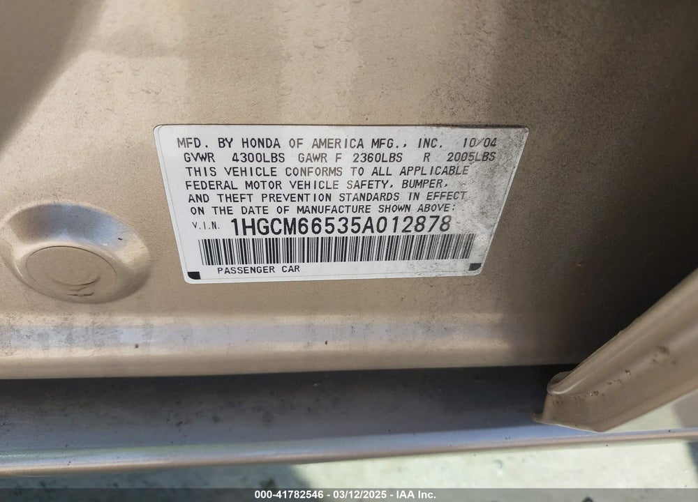 2005 HONDA ACCORD VIN: 1HGCM66535A012878