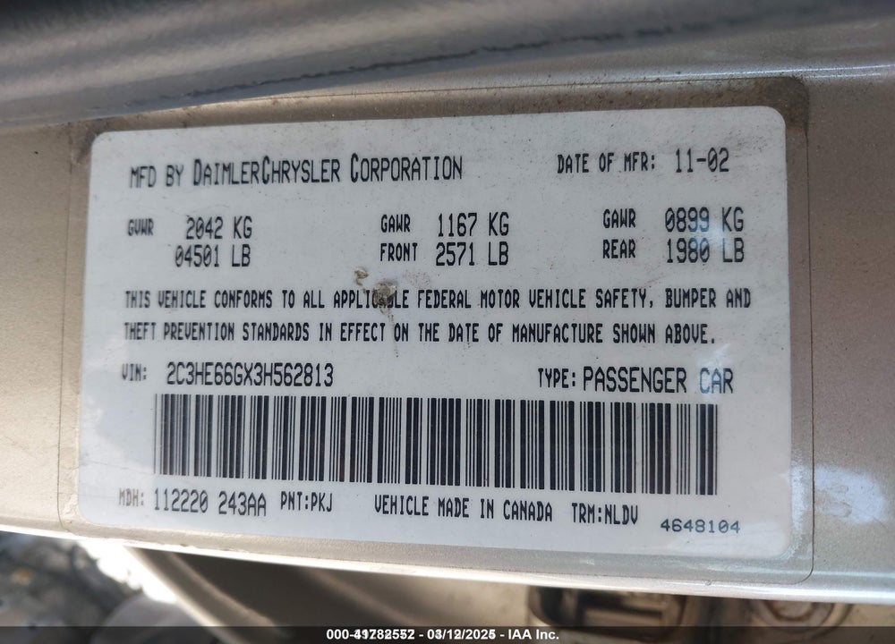 2003 CHRYSLER 300M VIN: 2C3HE66GX3H562813