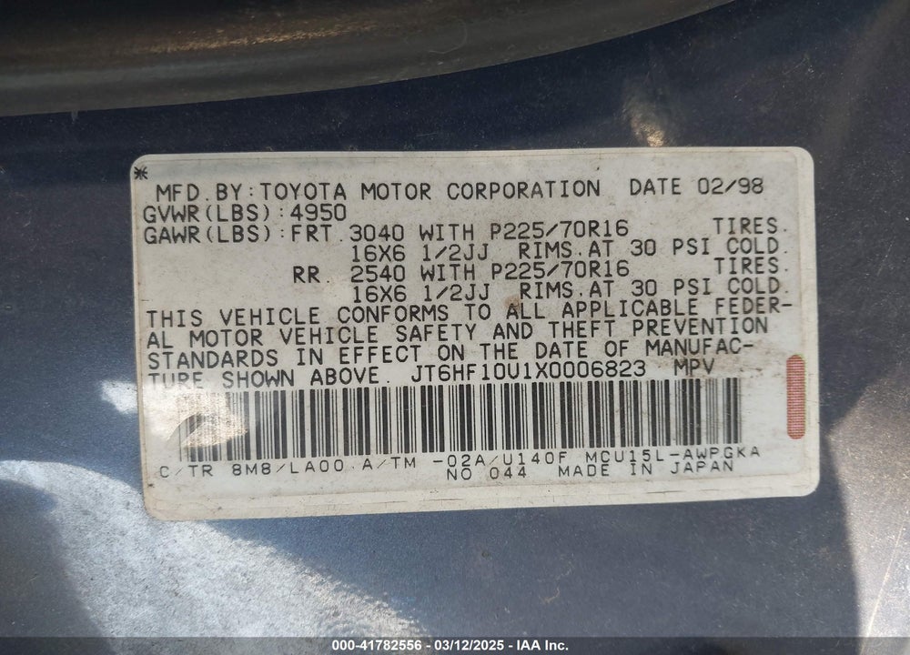 1999 LEXUS RX 300 VIN: JT6HF10U1X0006823