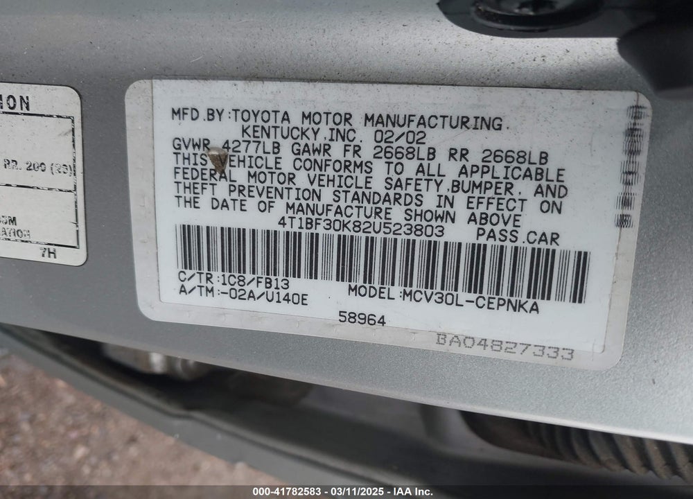 2002 TOYOTA CAMRY VIN: 4T1BF30K82U523803