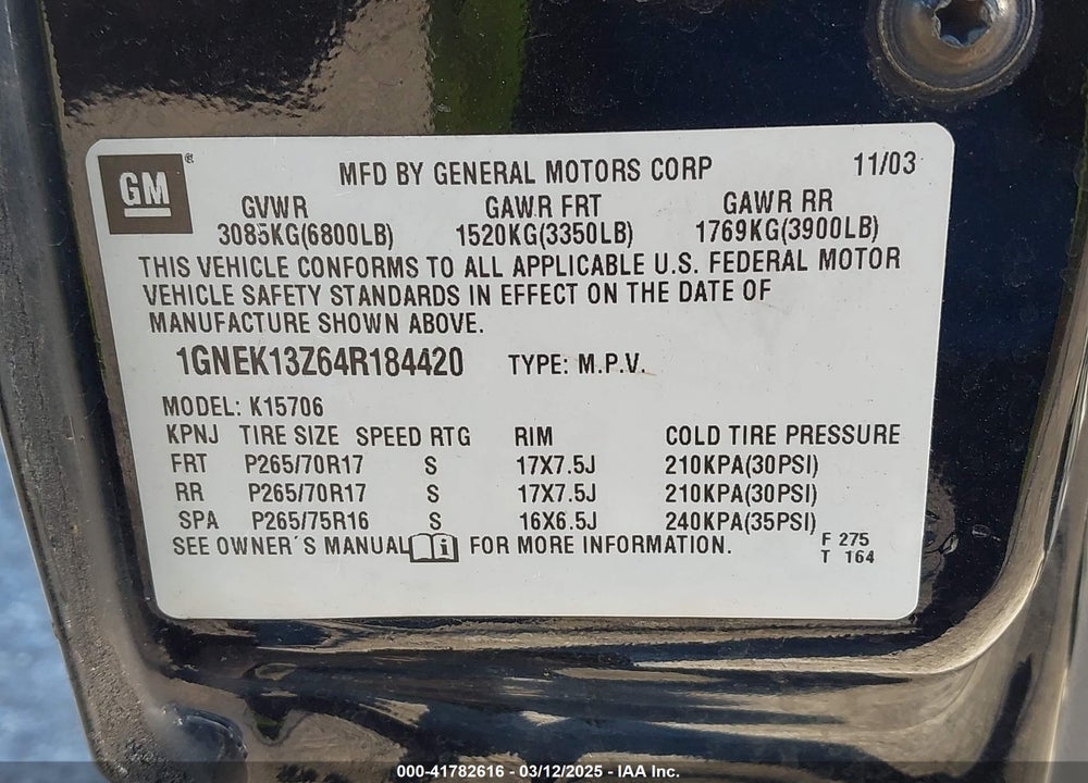 2004 CHEVROLET TAHOE VIN: 1GNEK13Z64R184420
