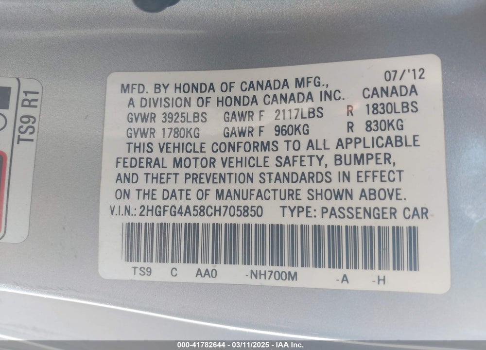 2012 HONDA CIVIC VIN: 2HGFG4A58CH705850