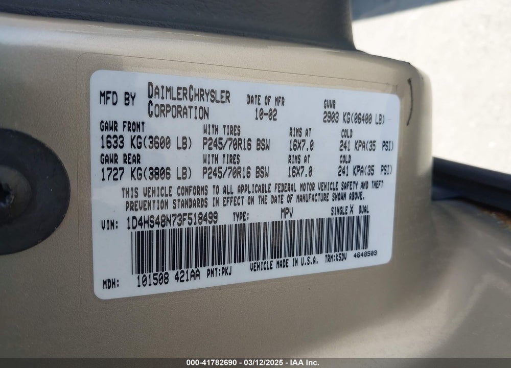 2003 DODGE DURANGO VIN: 1D4HS48N73F518499