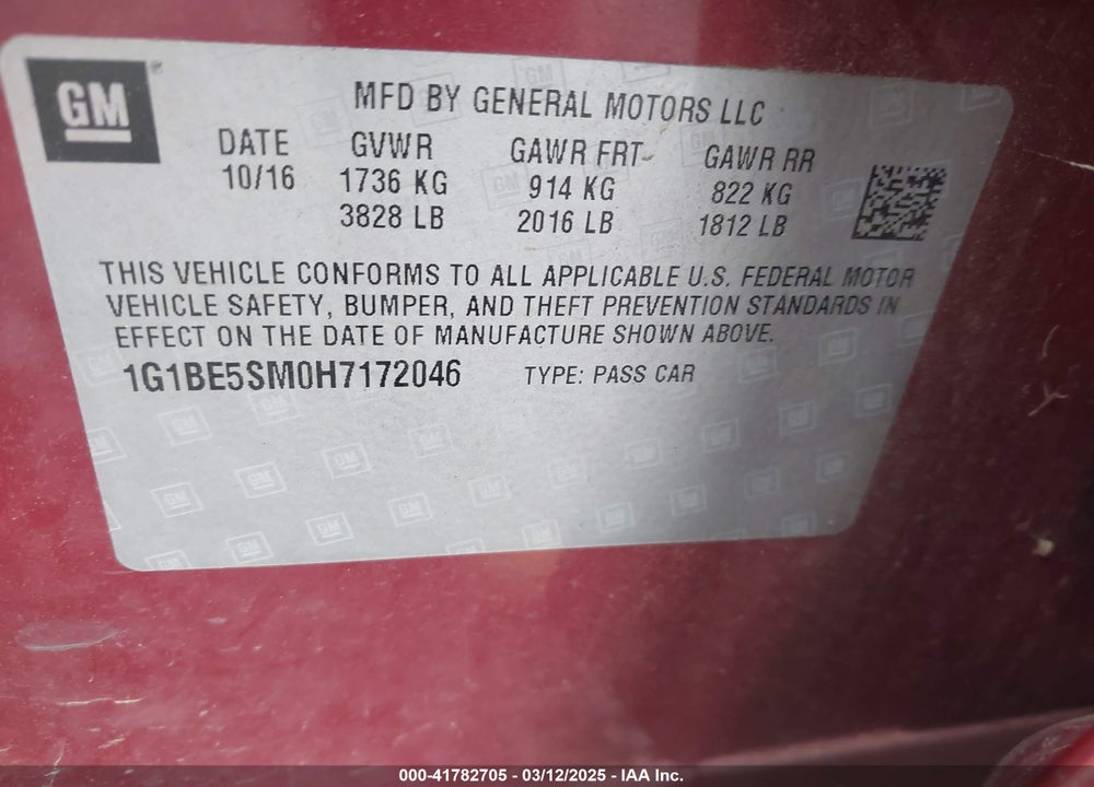 2017 CHEVROLET CRUZE VIN: 1G1BE5SM0H7172046