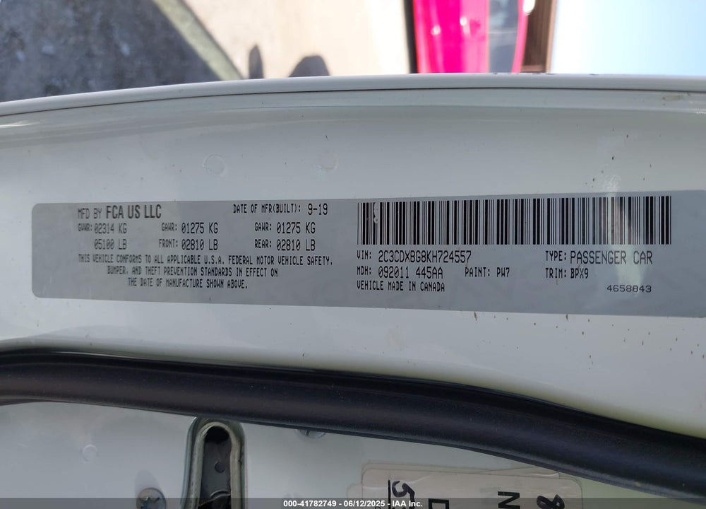 2019 DODGE CHARGER SXT RWD VIN: 2C3CDXBG8KH724557