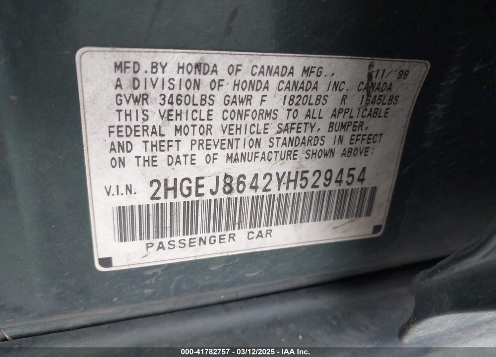 2000 HONDA CIVIC EX VIN: 2HGEJ8642YH529454