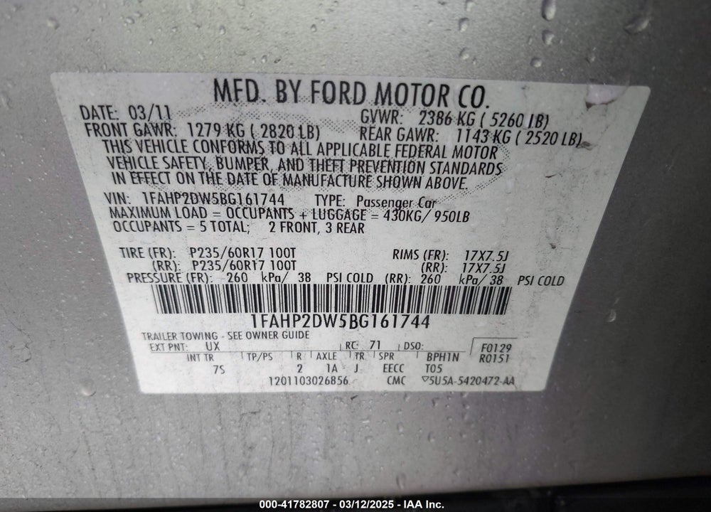 2011 FORD TAURUS SE VIN: 1FAHP2DW5BG161744