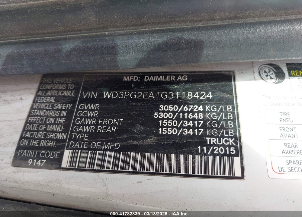 2016 MERCEDES-BENZ METRIS VIN: WD3PG2EA1G3118424