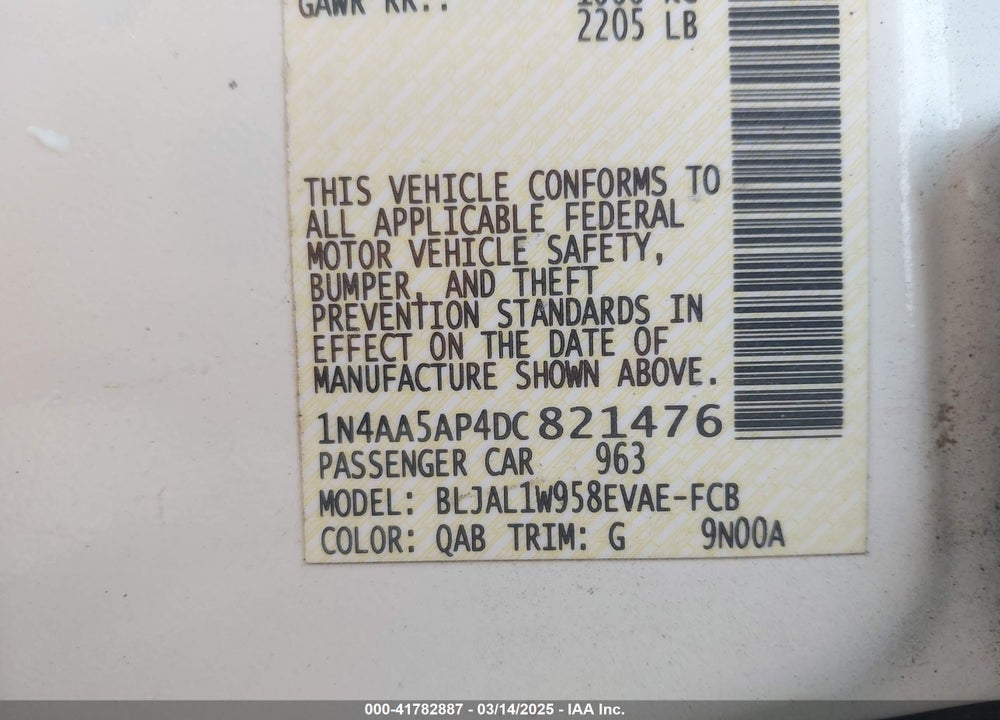 2013 NISSAN MAXIMA 3.5 SV VIN: 1N4AA5AP4DC821476